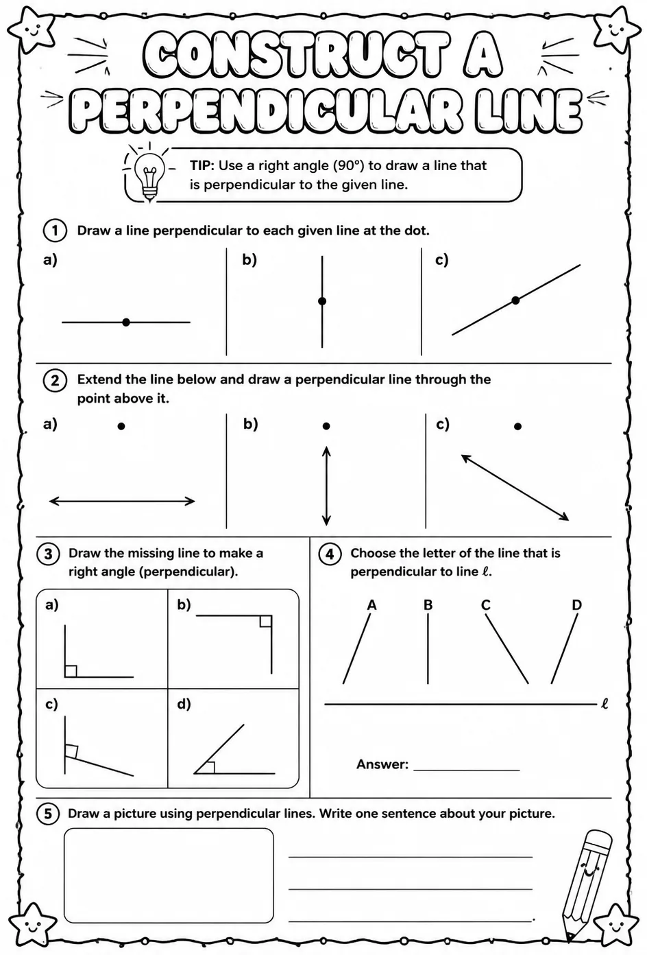 Construct a perpendicular line — free printable Geometry math worksheet