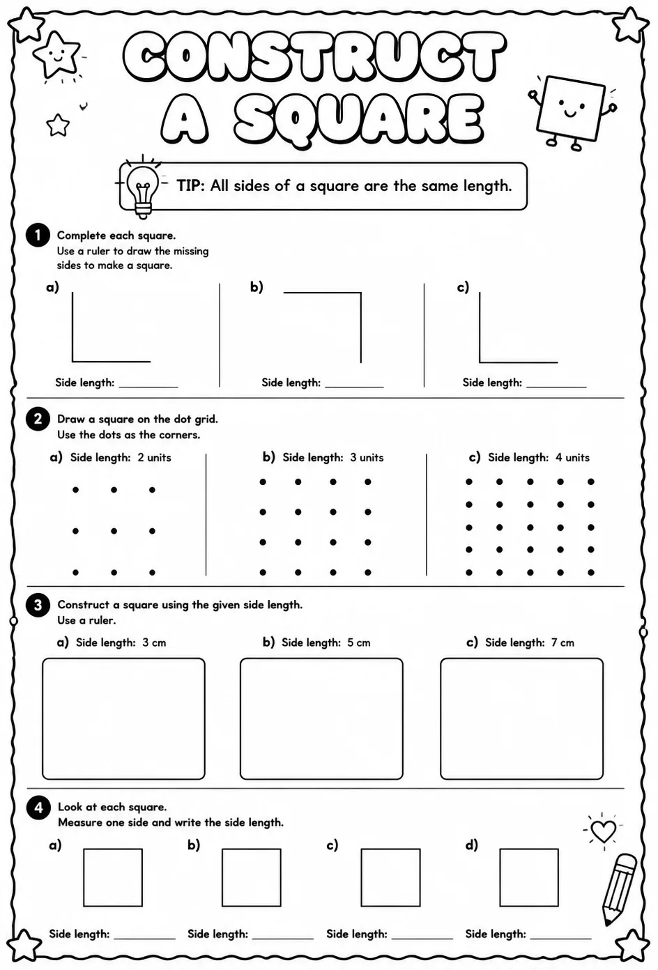 Construct a square — free printable Geometry math worksheet