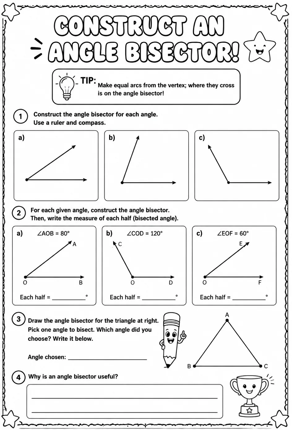 Construct an angle bisector — free printable Geometry math worksheet