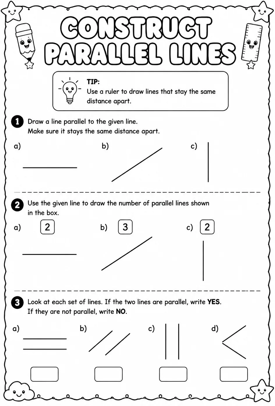 Construct parallel lines — free printable Geometry math worksheet