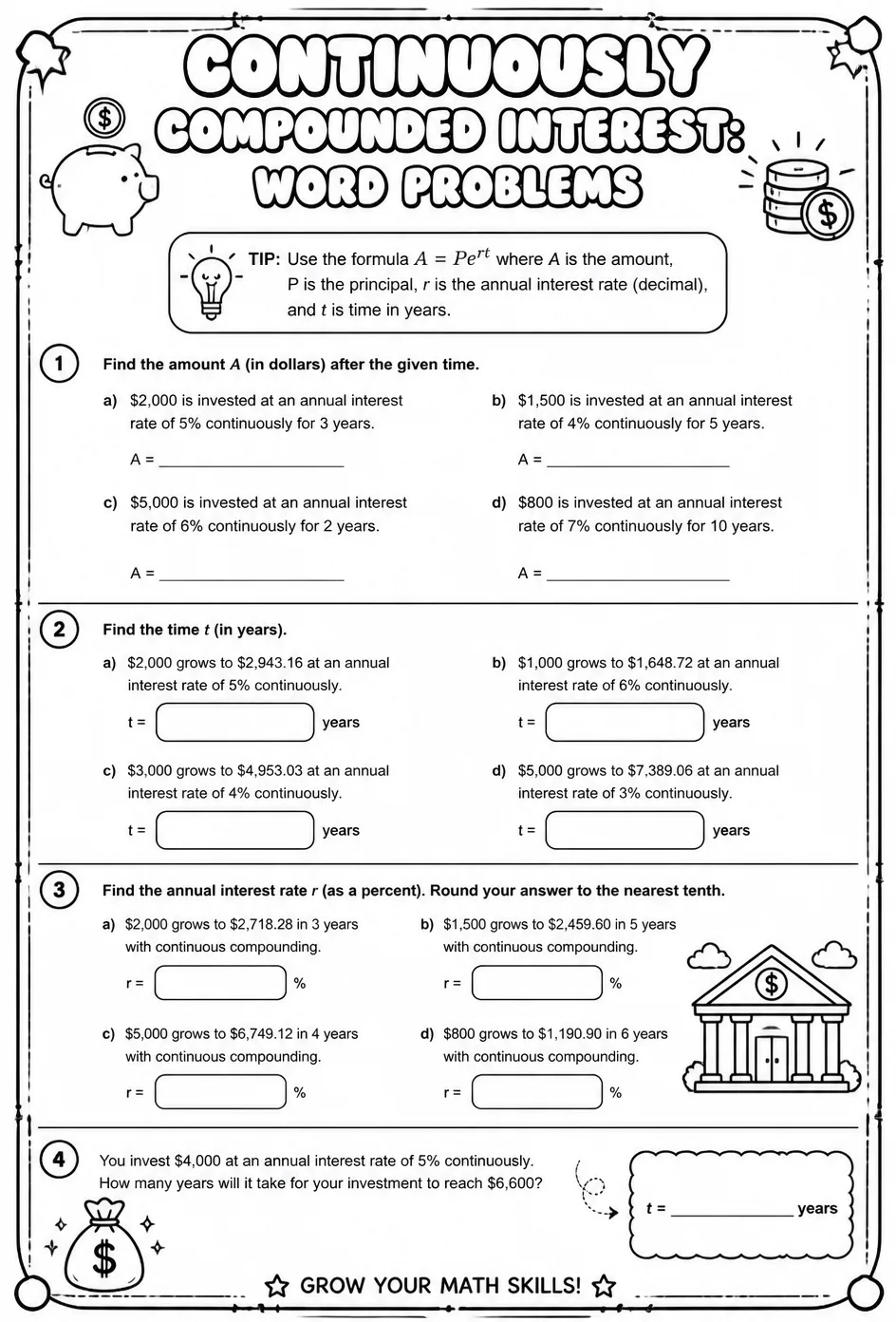 Continuously compounded interest: word problems — free printable Algebra 2 math worksheet
