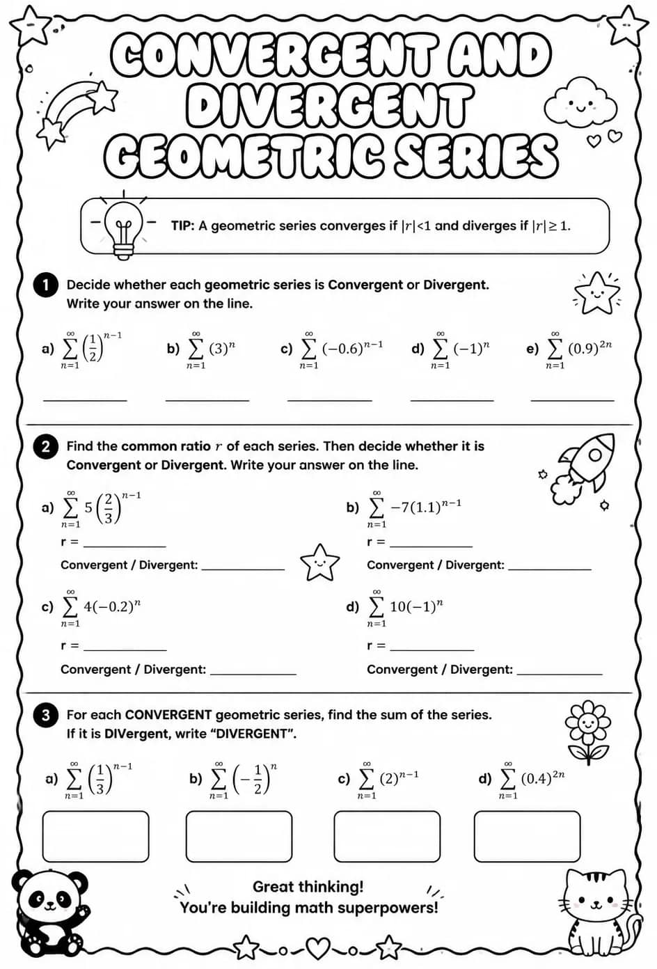 Convergent and divergent geometric series — free printable Precalculus math worksheet