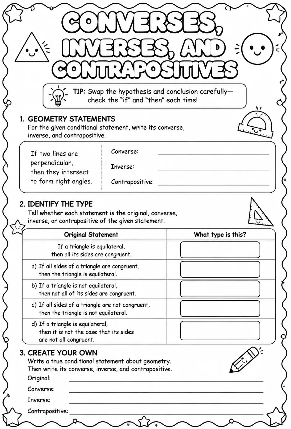 Converses, inverses, and contrapositives — free printable Geometry math worksheet