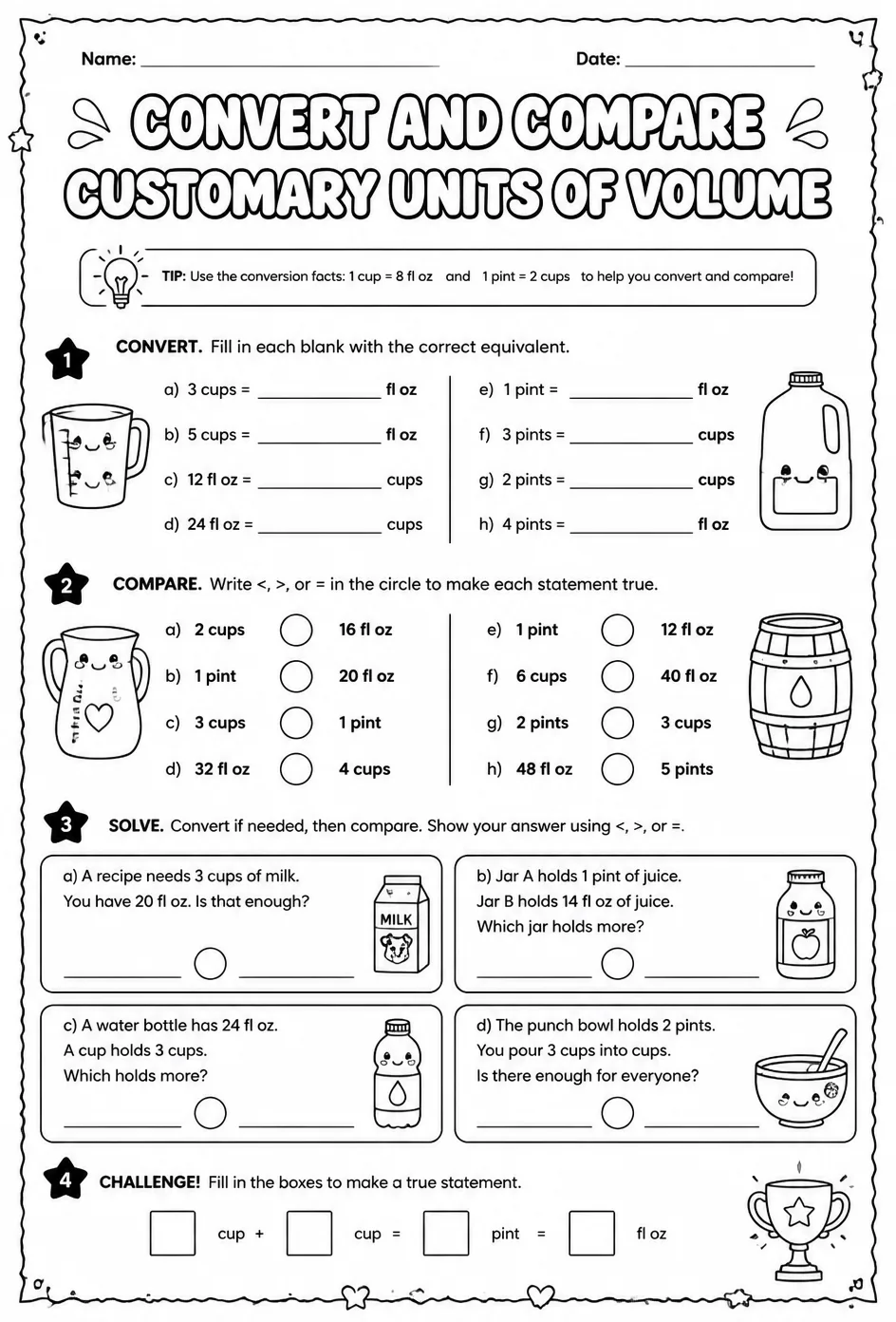 Convert and compare customary units of volume — free printable Grade 4 math worksheet
