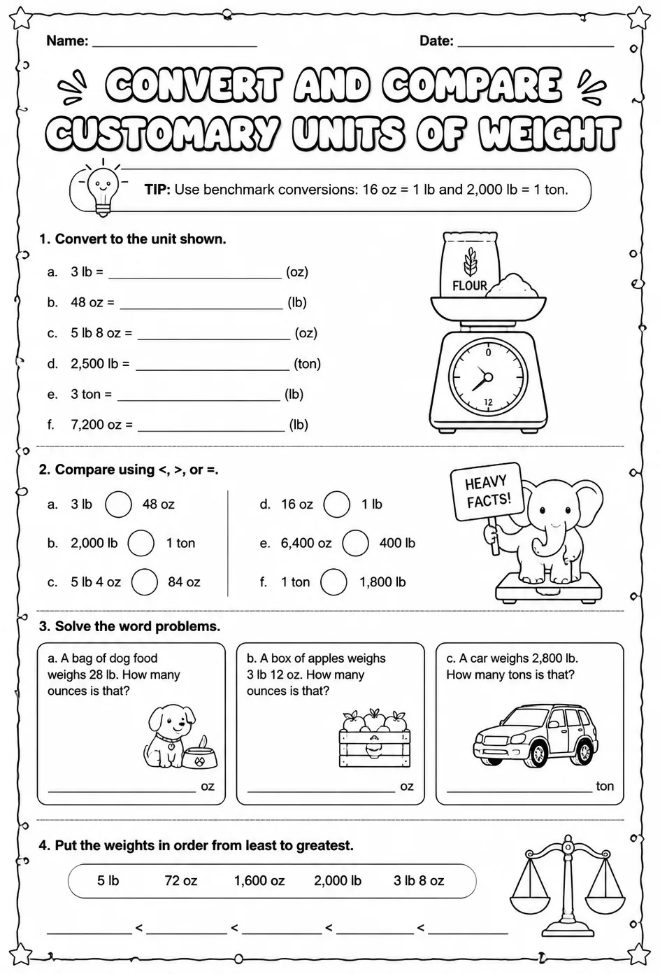 Convert and compare customary units of weight — free printable Grade 4 math worksheet