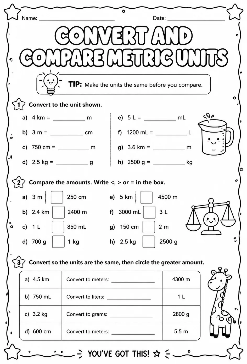 Convert and compare metric units — free printable Grade 4 math worksheet