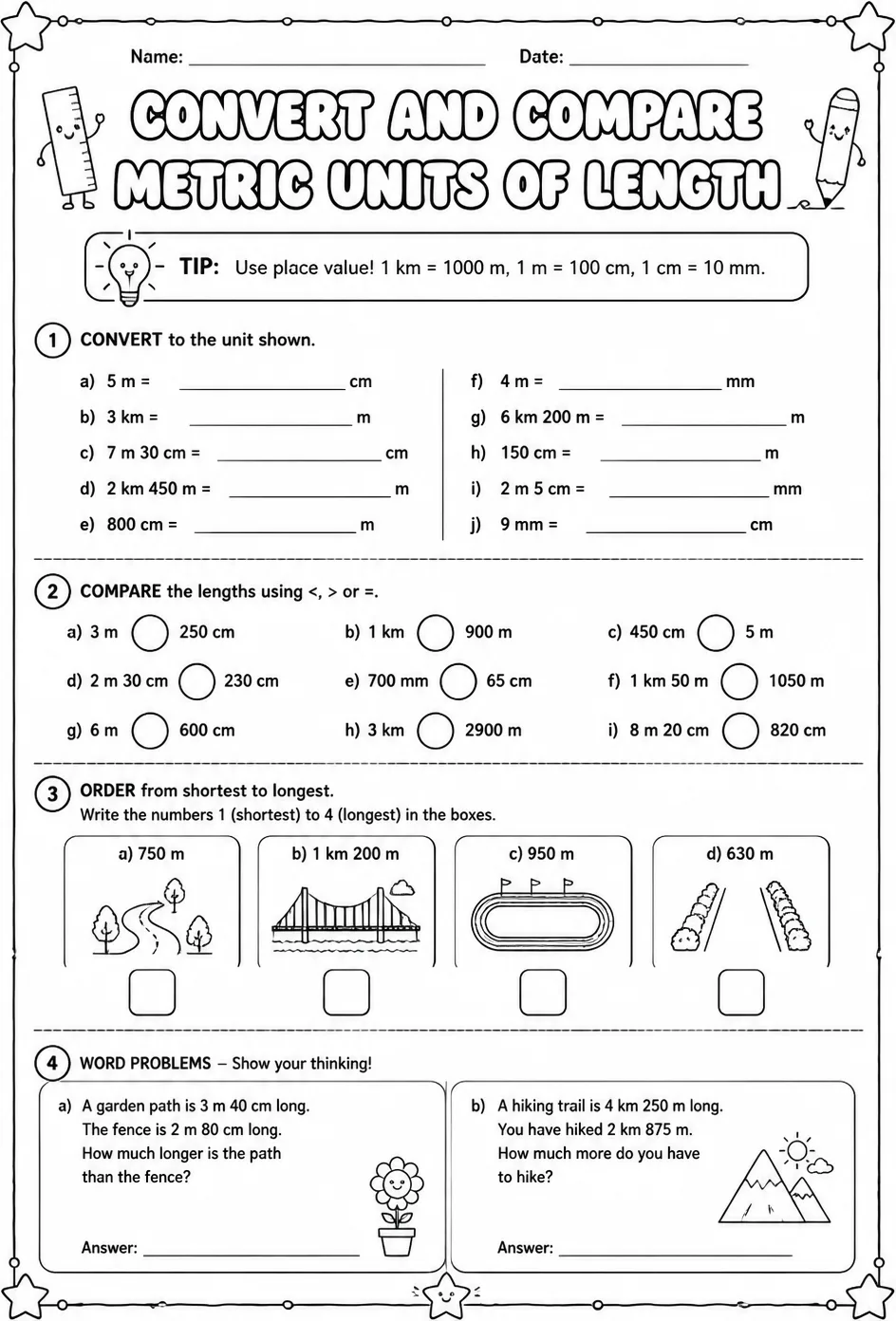 Convert and compare metric units of length — free printable Grade 4 math worksheet