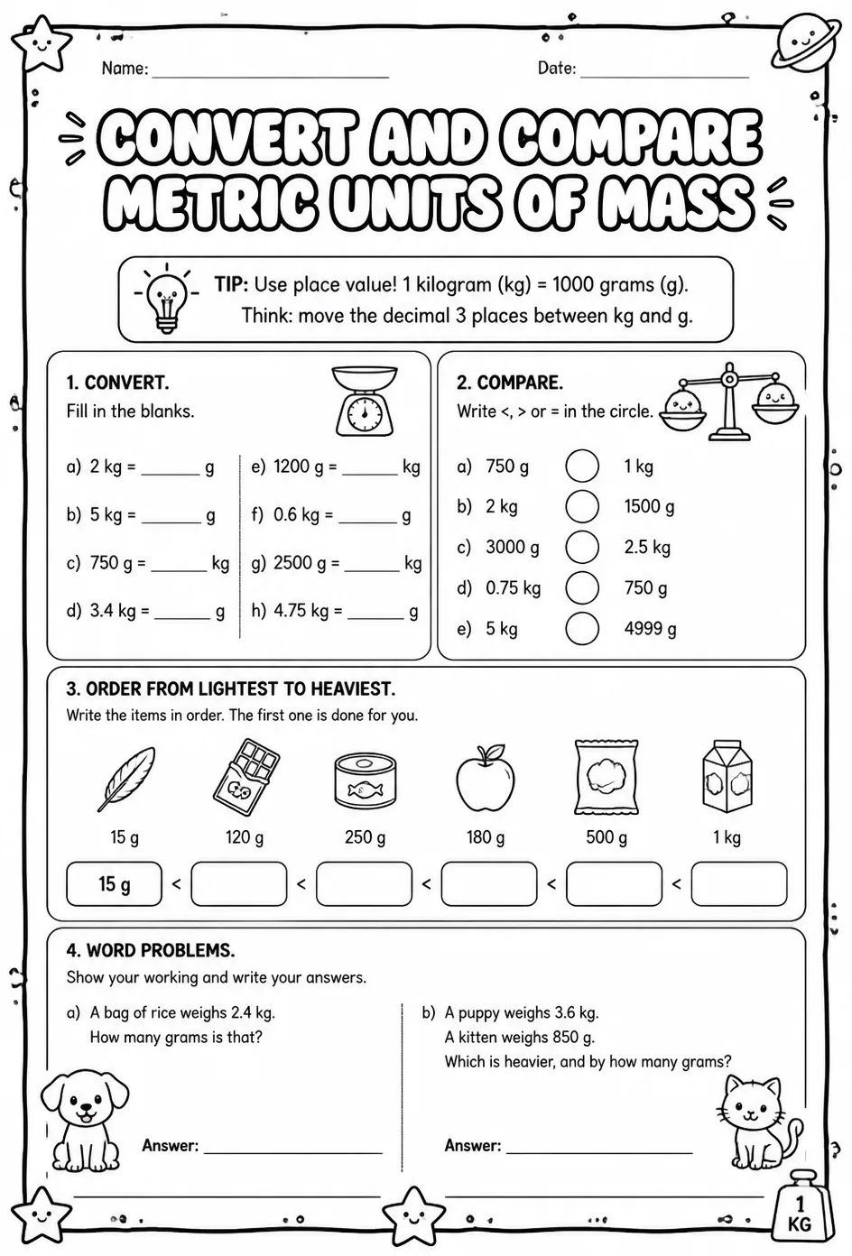 Convert and compare metric units of mass