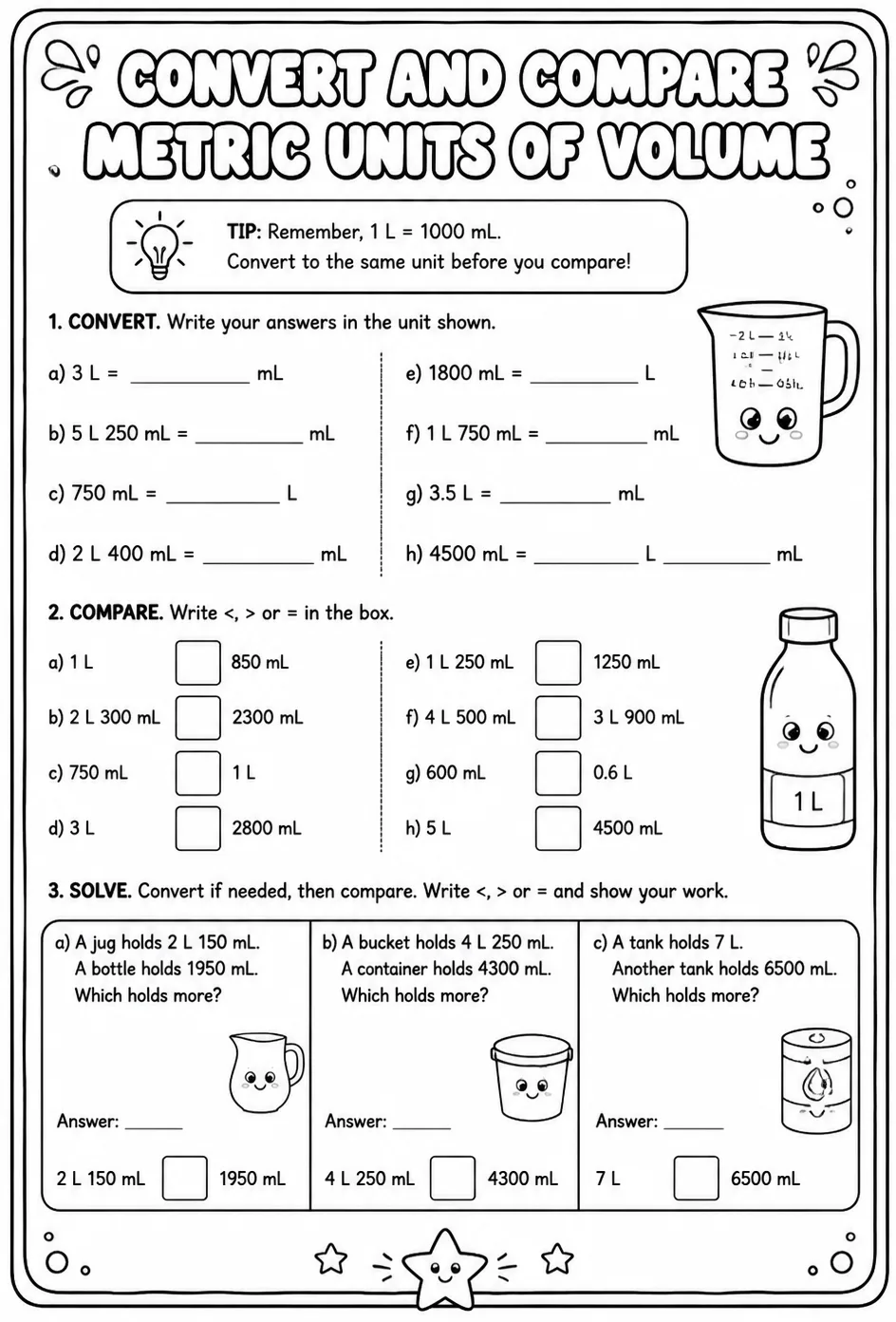 Convert and compare metric units of volume