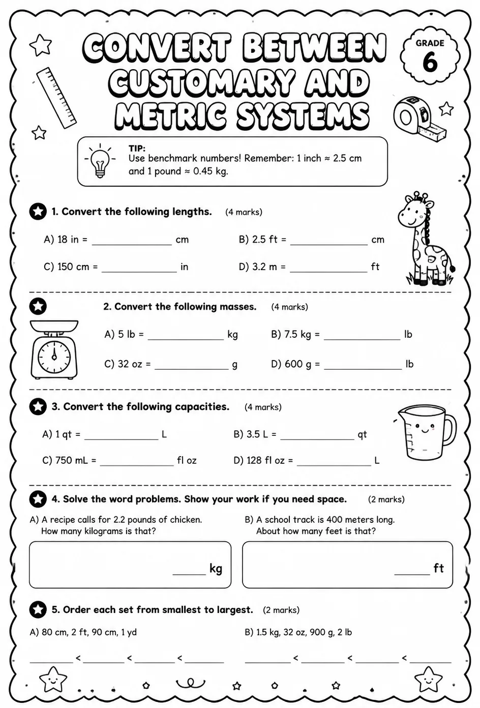 Convert between customary and metric systems — free printable Grade 6 math worksheet