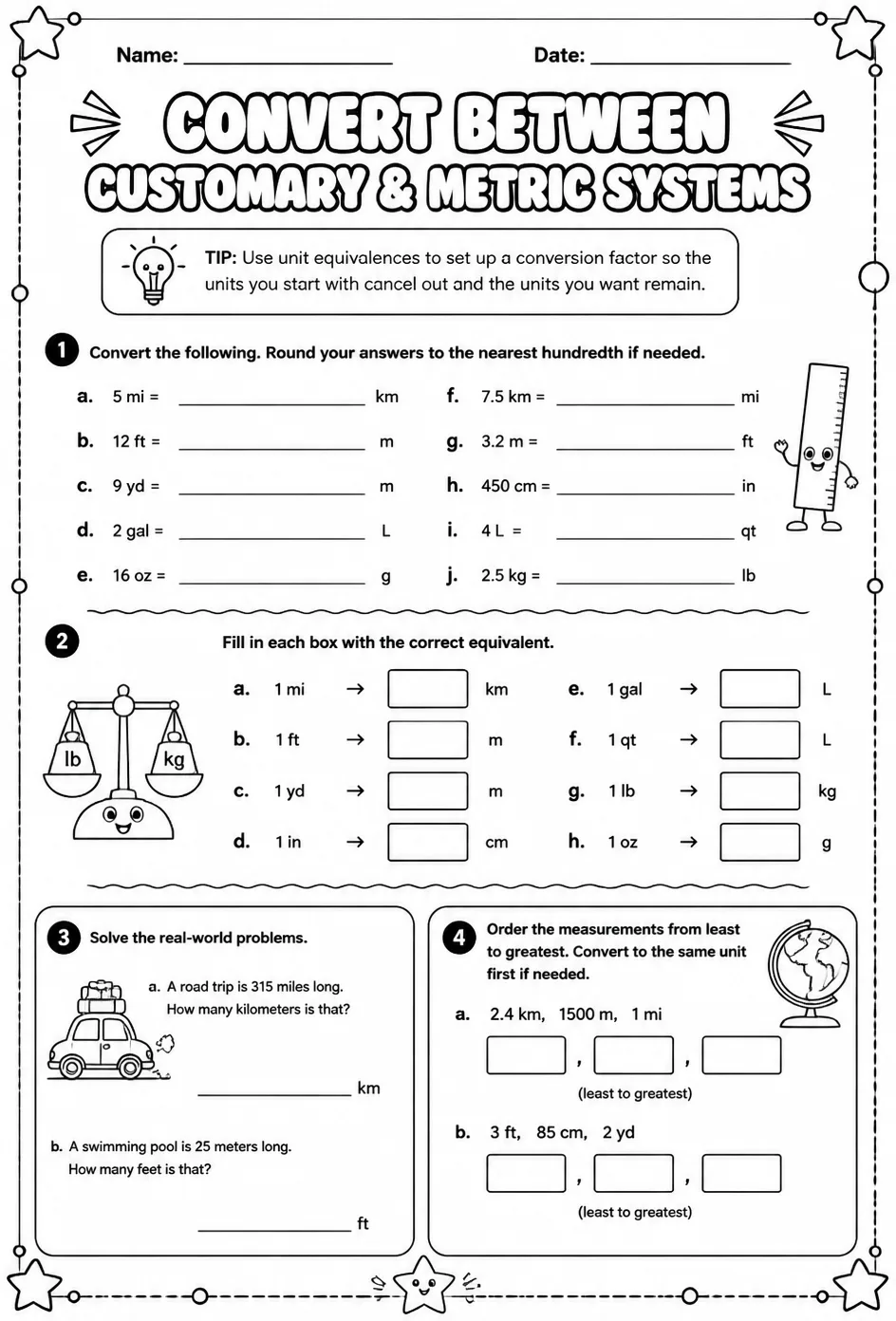 Convert between customary and metric systems — free printable Grade 7 math worksheet