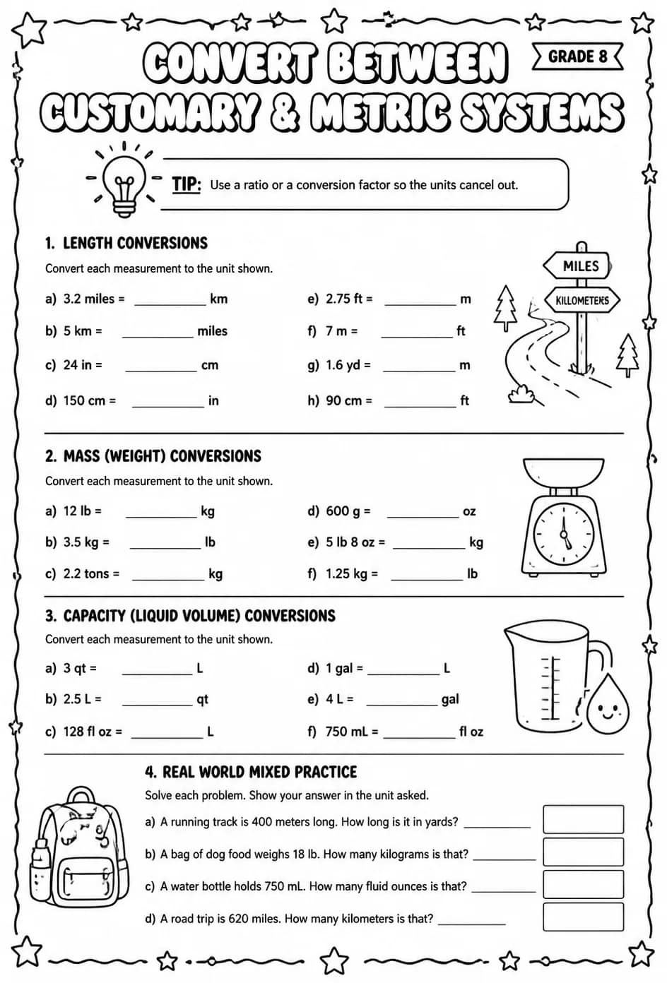Convert between customary and metric systems — free printable Grade 8 math worksheet