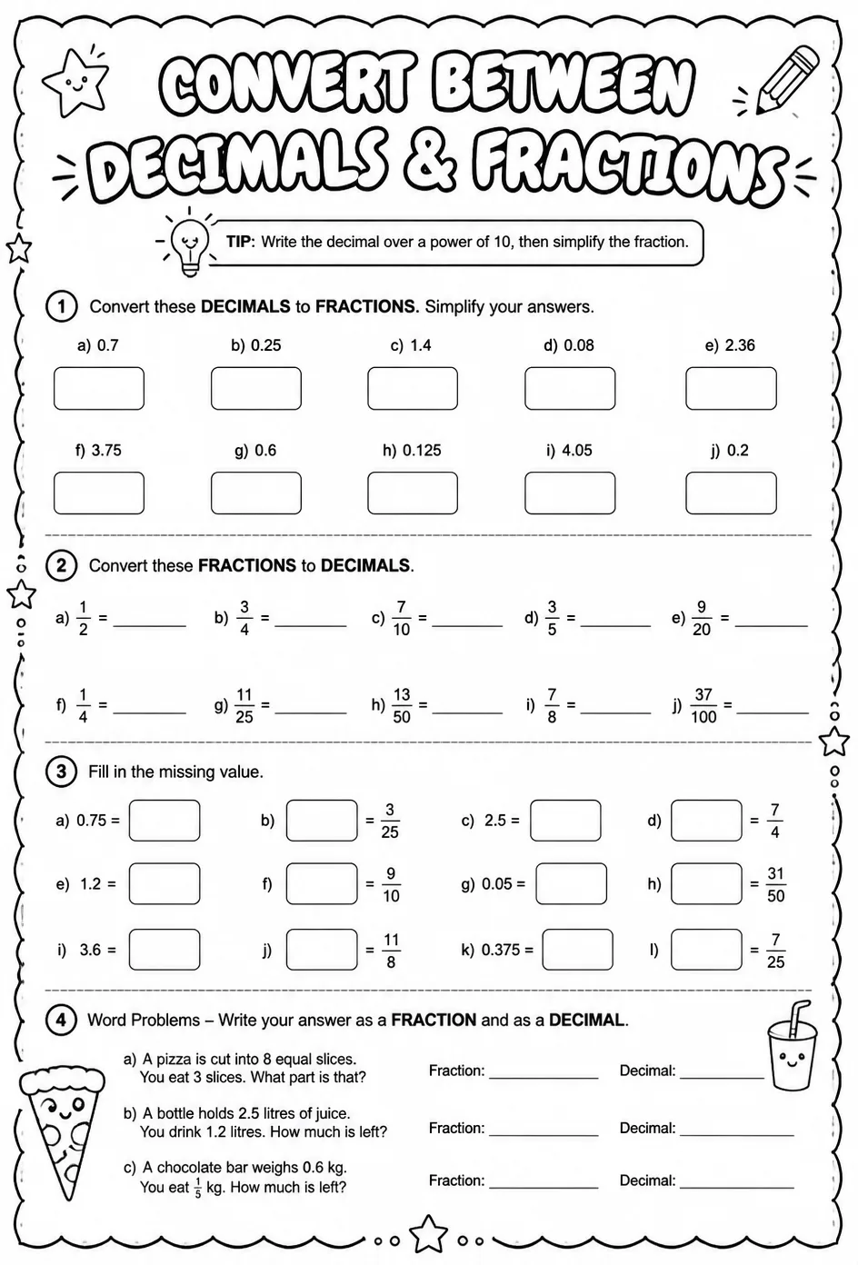 Convert between decimals and fractions — free printable Grade 6 math worksheet
