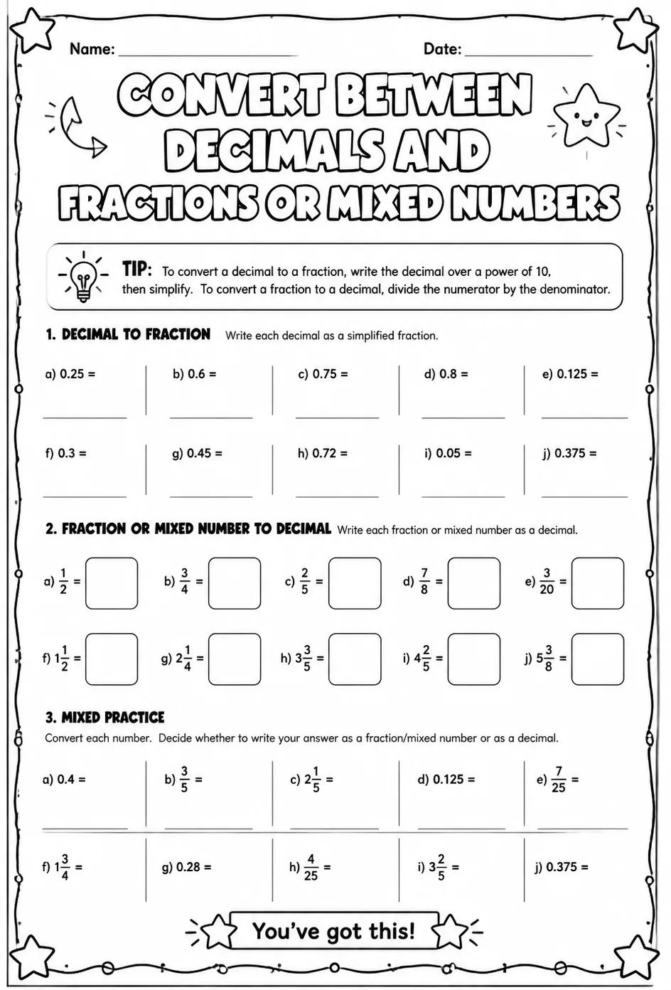 Convert between decimals and fractions or mixed numbers — free printable Grade 7 math worksheet