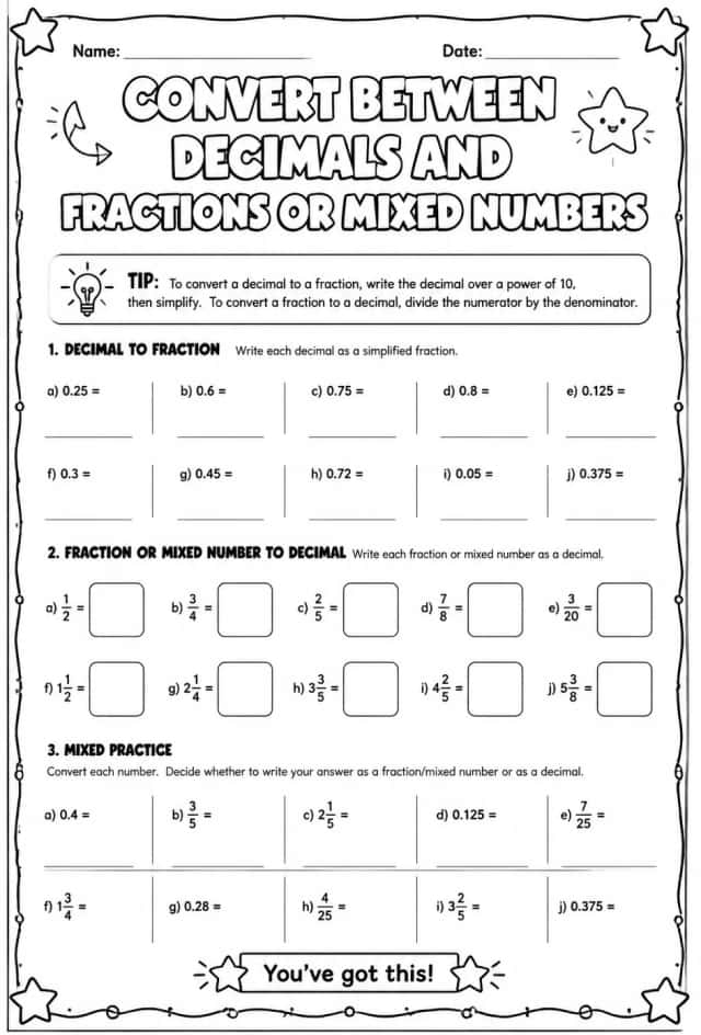 Convert between decimals and fractions or mixed numbers