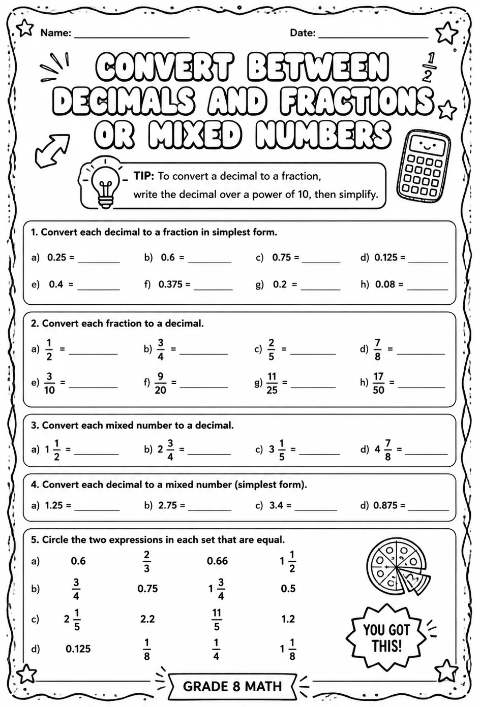 Convert between decimals and fractions or mixed numbers — free printable Grade 8 math worksheet