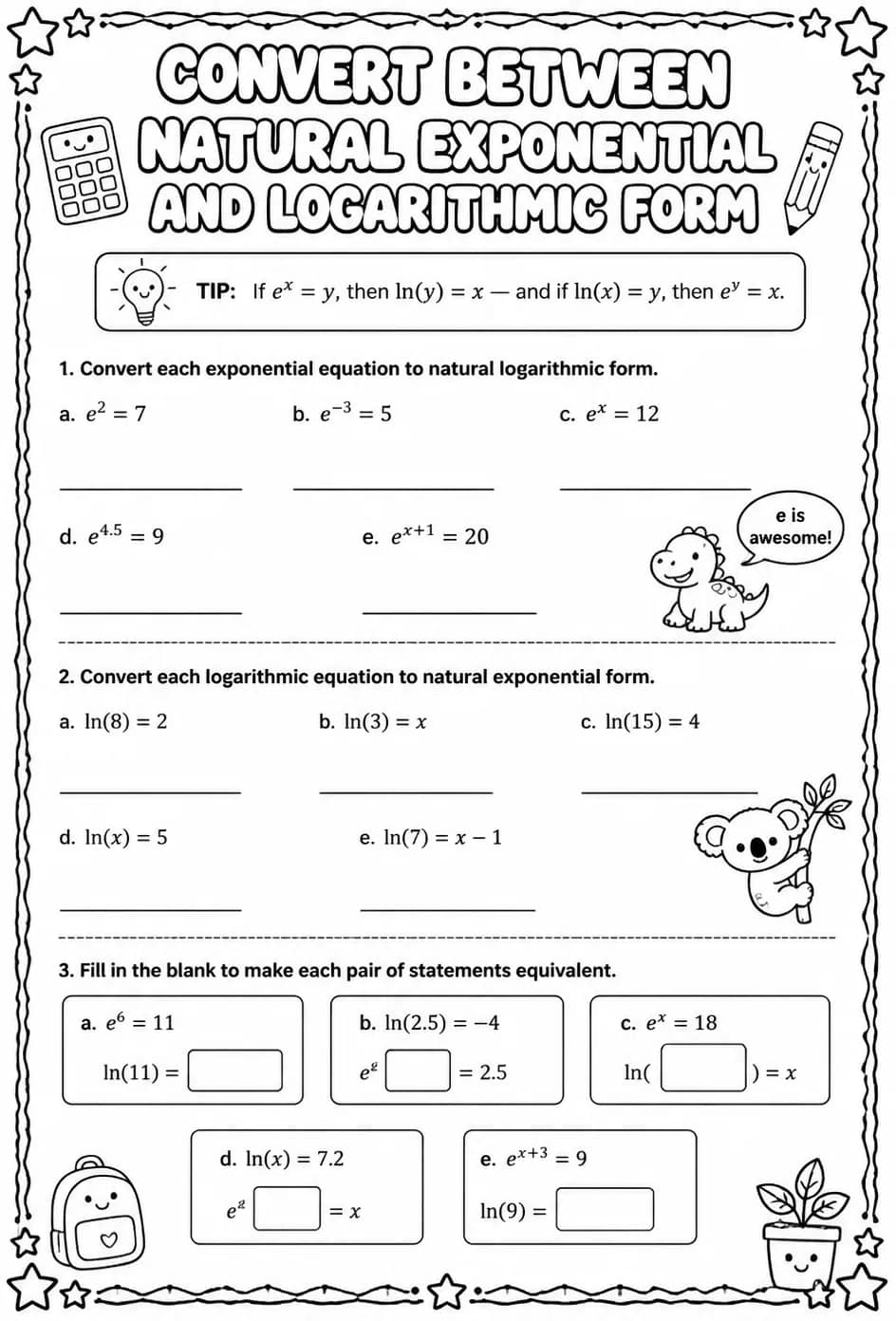 Convert between natural exponential and logarithmic form — free printable Algebra 2 math worksheet