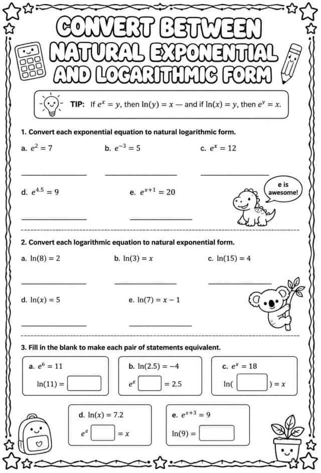 Convert between natural exponential and logarithmic form