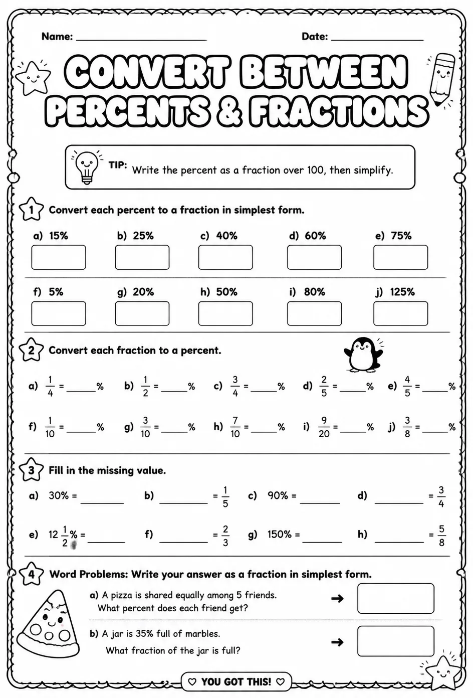 Convert between percents and fractions — free printable Grade 6 math worksheet