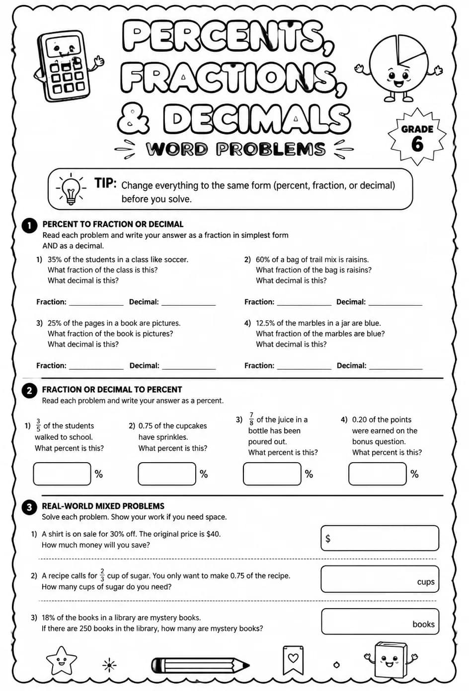 Convert between percents, fractions, and decimals: word problems — free printable Grade 6 math worksheet