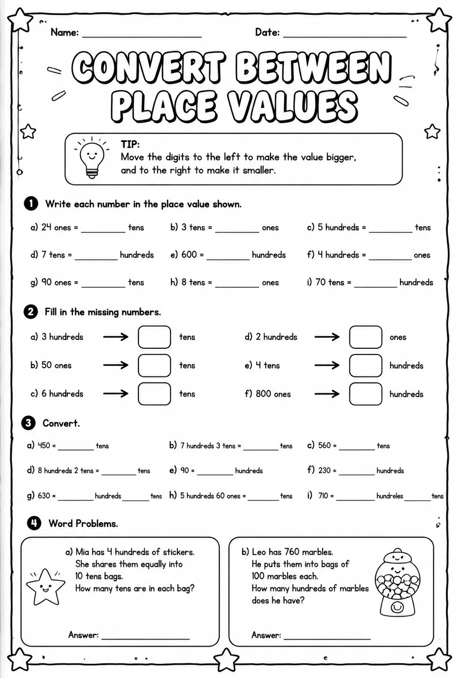 Convert between place values — free printable Grade 3 math worksheet