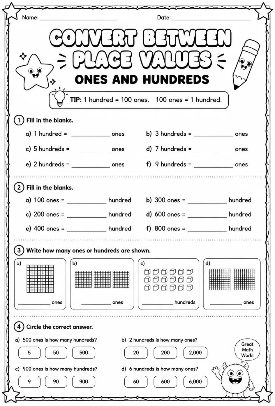 Convert between place values - ones and hundreds — free printable Grade 2 math worksheet