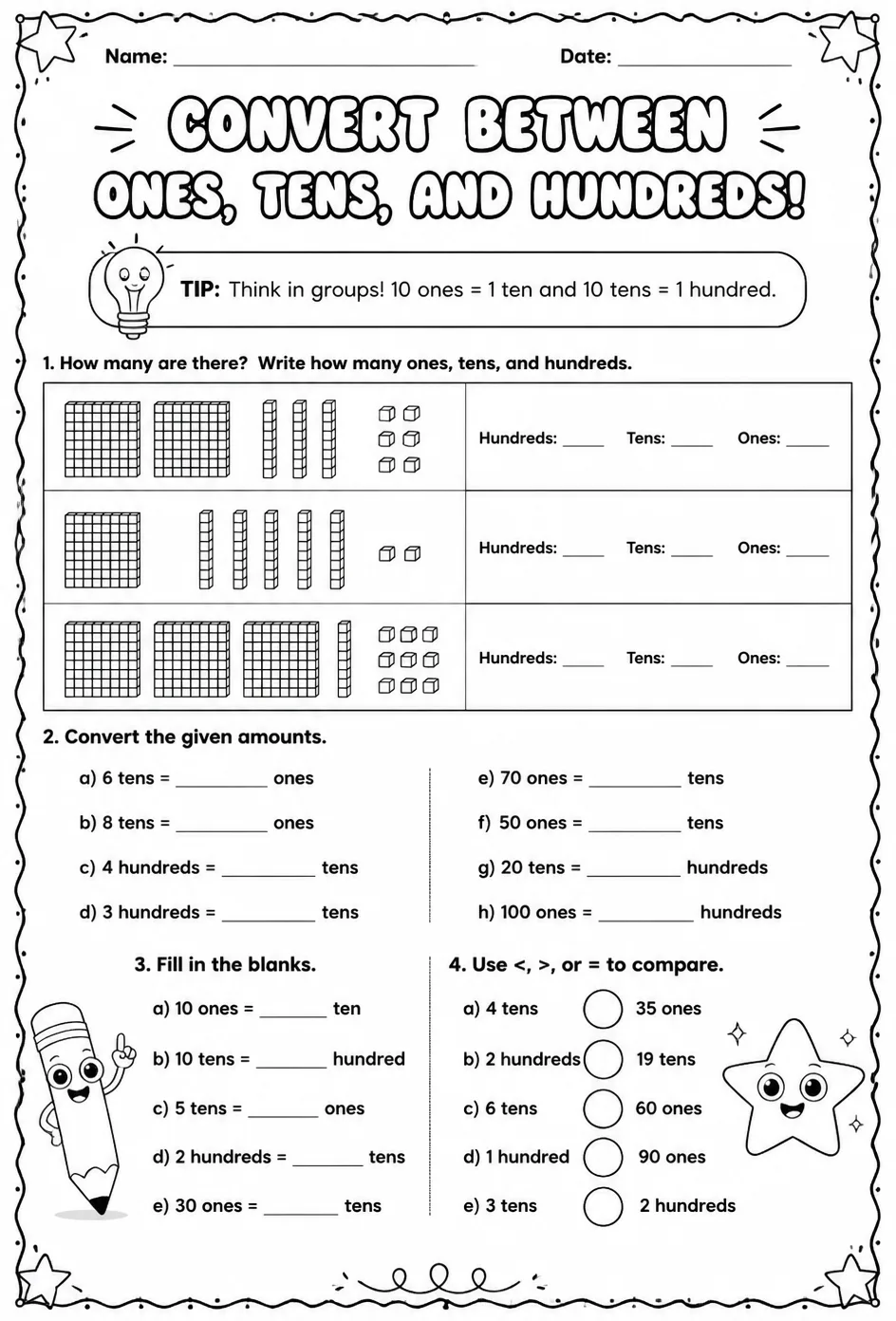 Convert between place values - ones, tens, and hundreds — free printable Grade 2 math worksheet