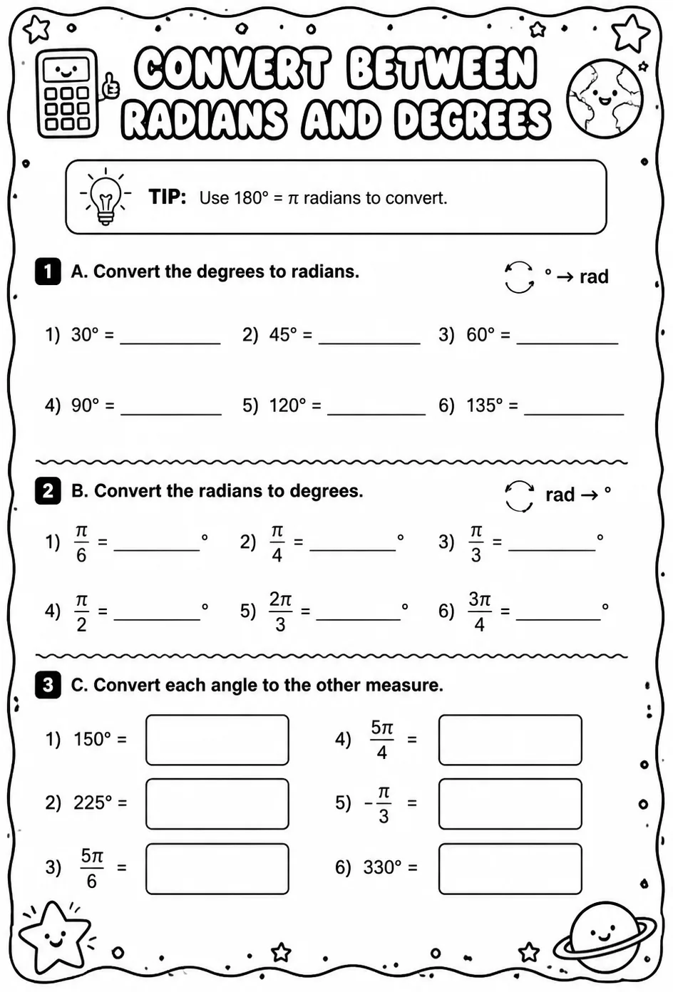 Convert between radians and degrees — free printable Algebra 2 math worksheet