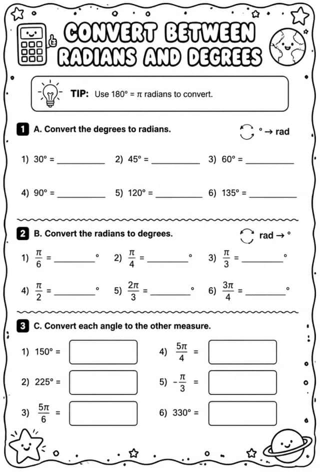 Convert between radians and degrees