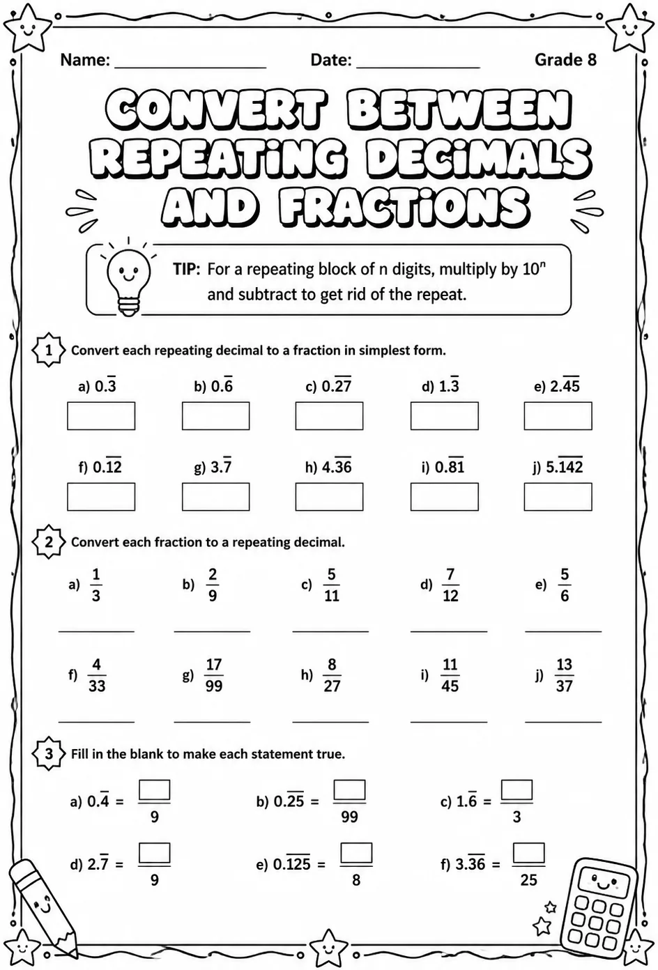 Convert between repeating decimals and fractions