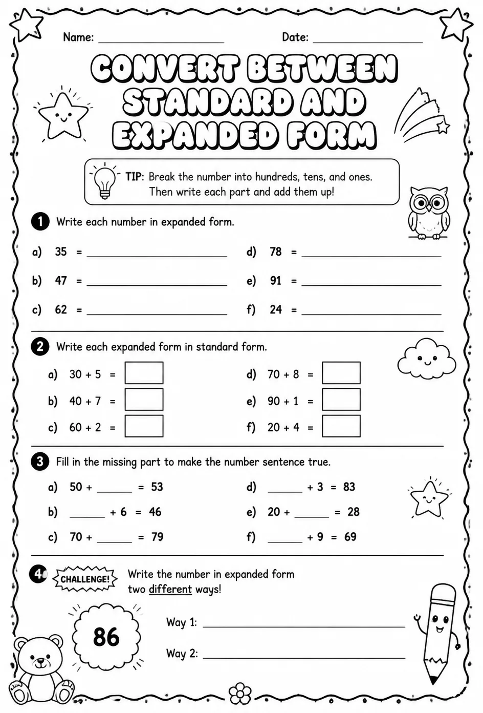 Convert between standard and expanded form — free printable Grade 2 math worksheet