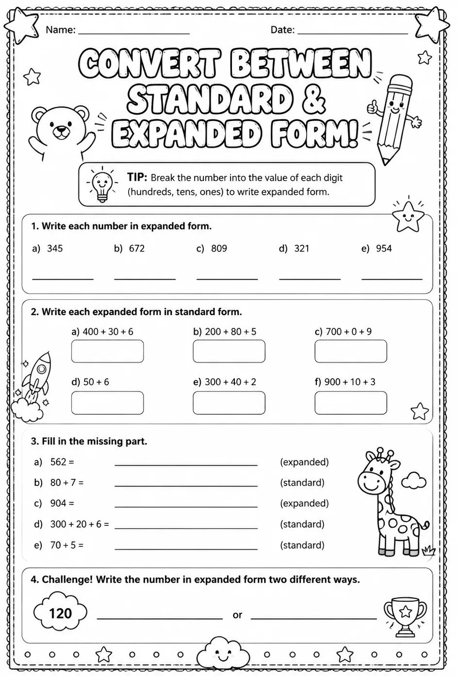 Convert between standard and expanded form — free printable Grade 3 math worksheet