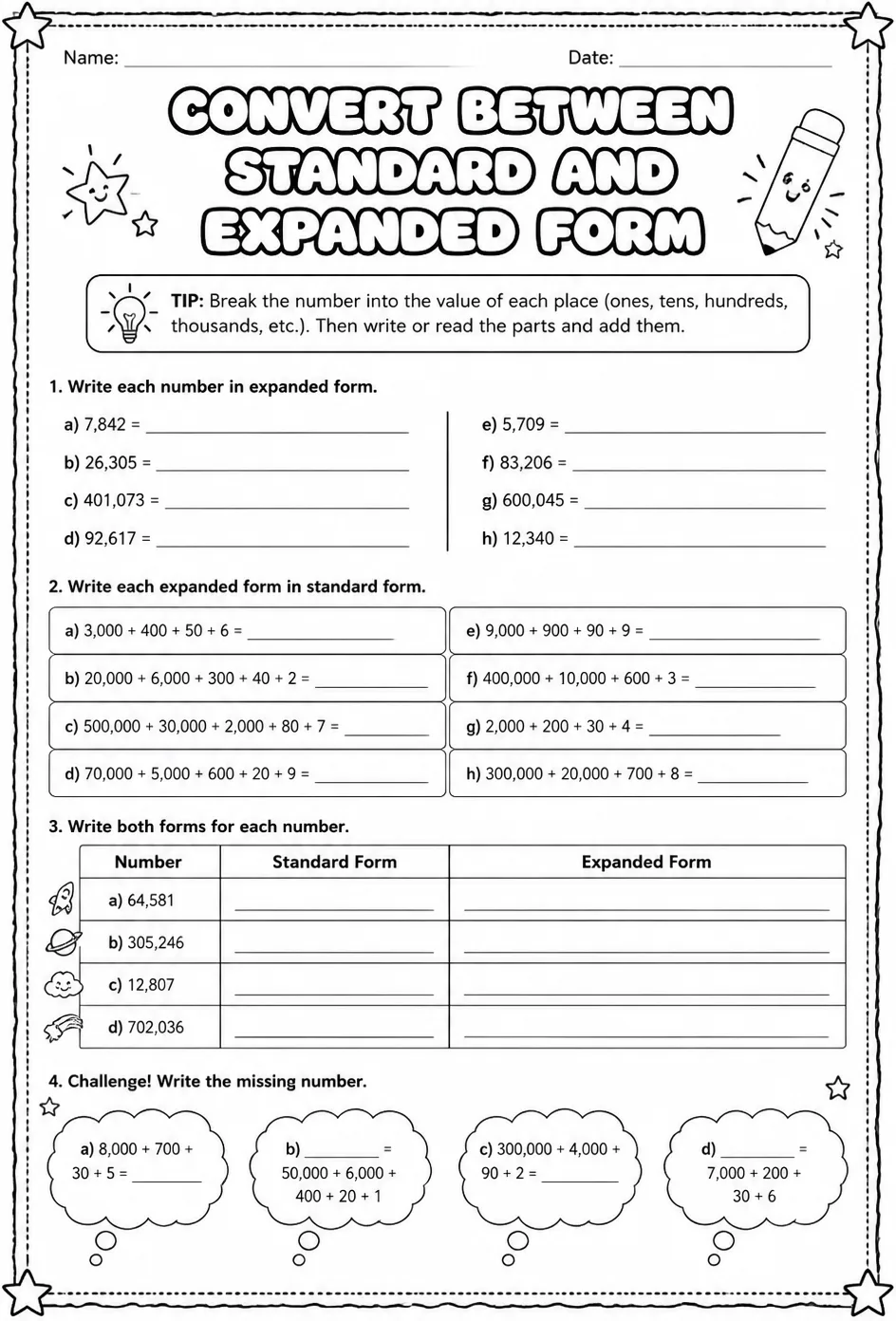 Convert between standard and expanded form — free printable Grade 5 math worksheet