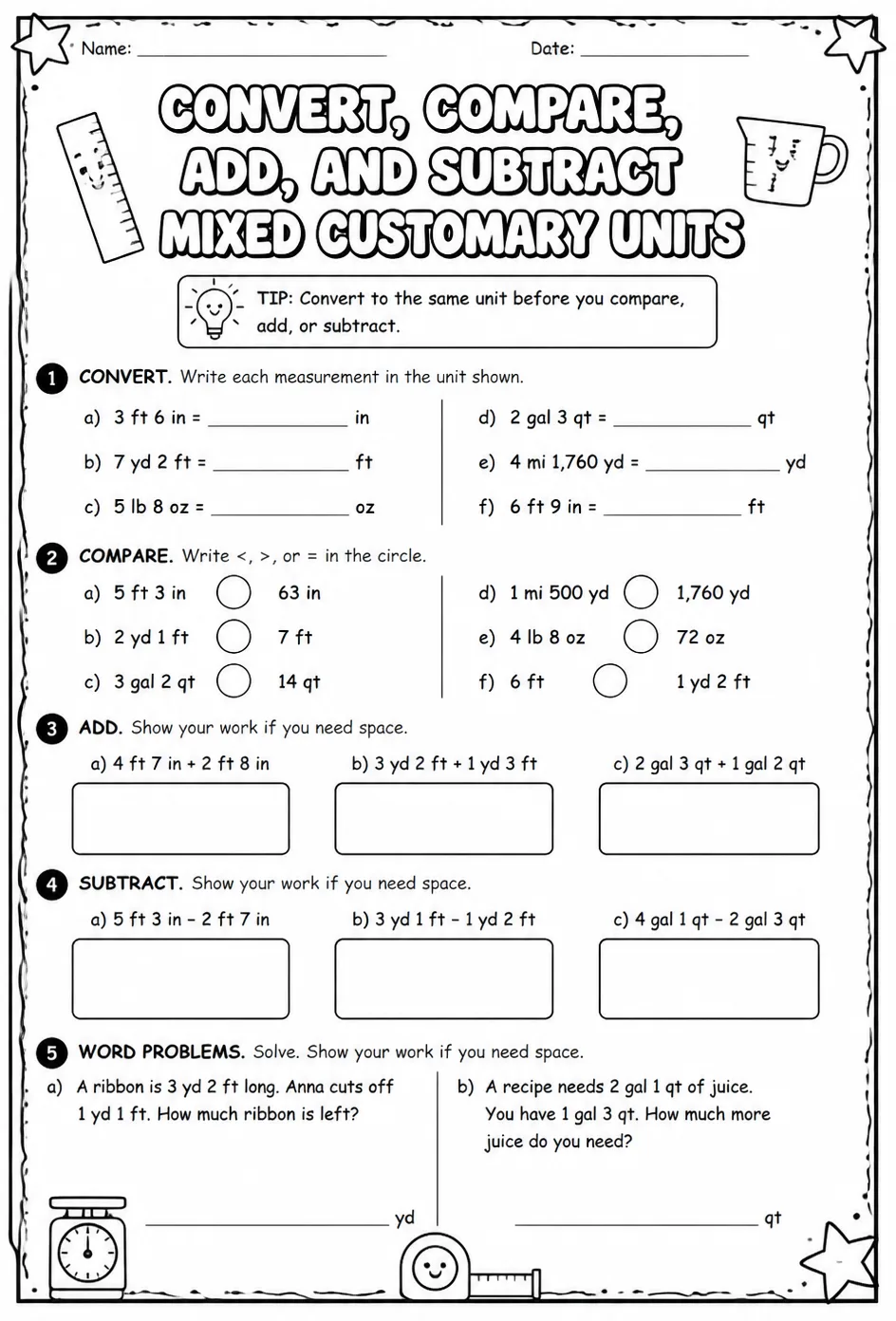 Convert, compare, add, and subtract mixed customary units — free printable Grade 6 math worksheet
