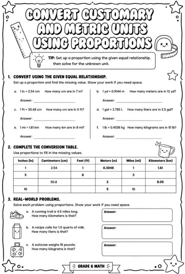 Convert customary and metric units using proportions