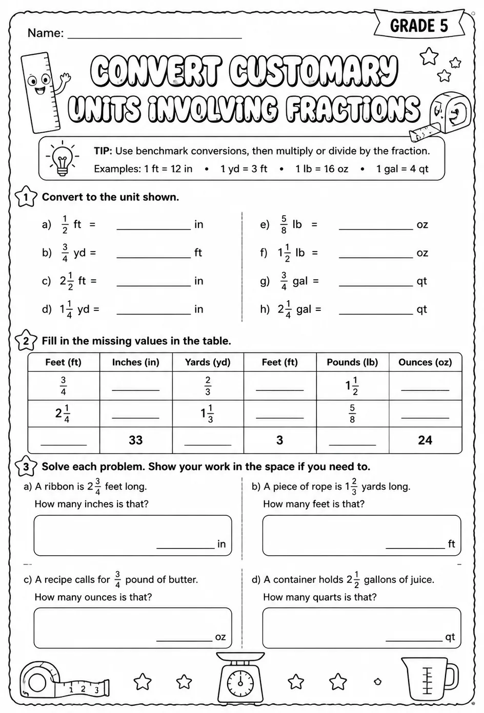 Convert customary units involving fractions