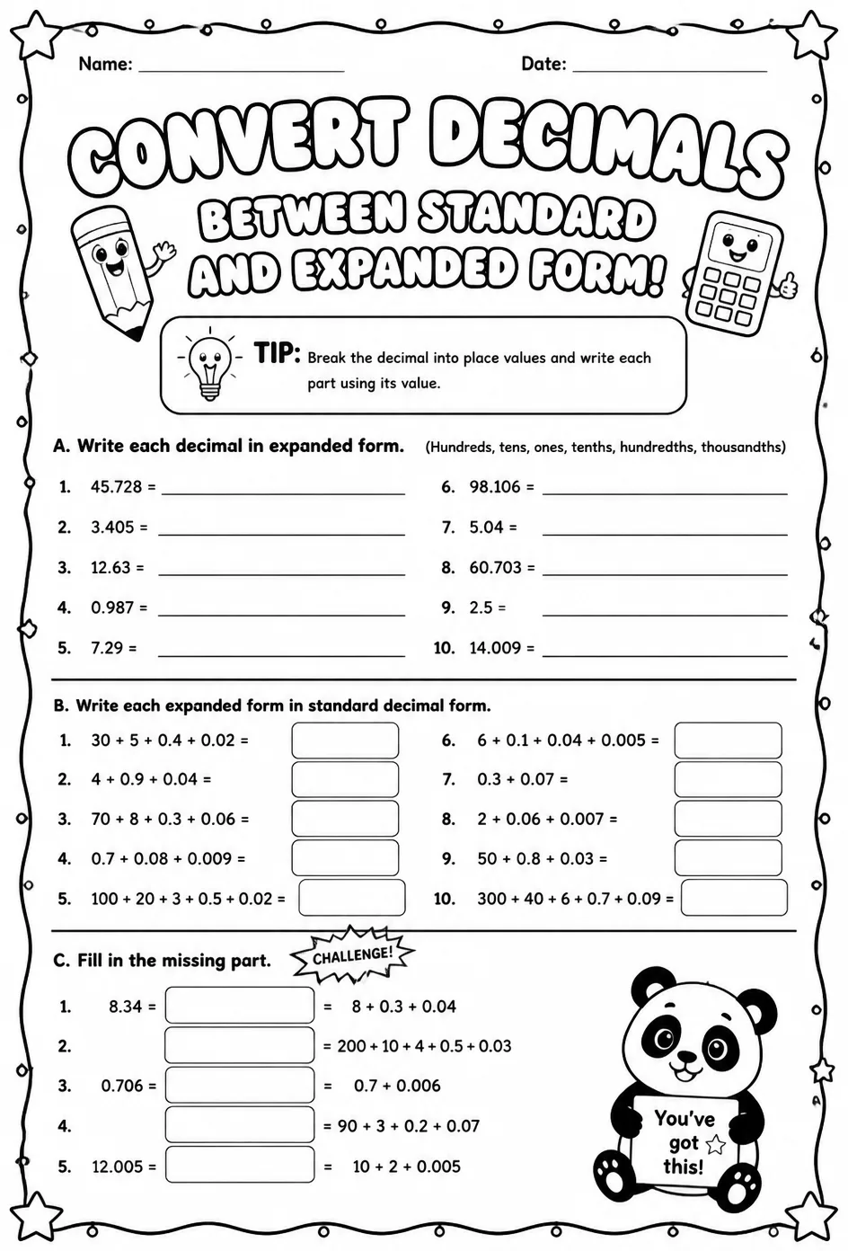 Convert decimals between standard and expanded form — free printable Grade 5 math worksheet