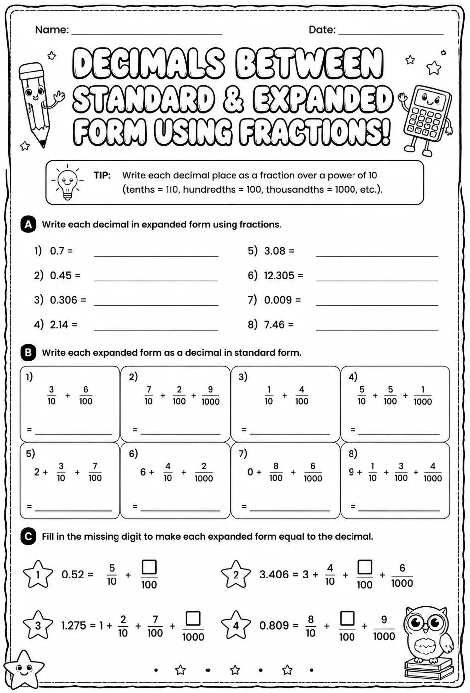 Convert decimals between standard and expanded form using fractions — free printable Grade 4 math worksheet