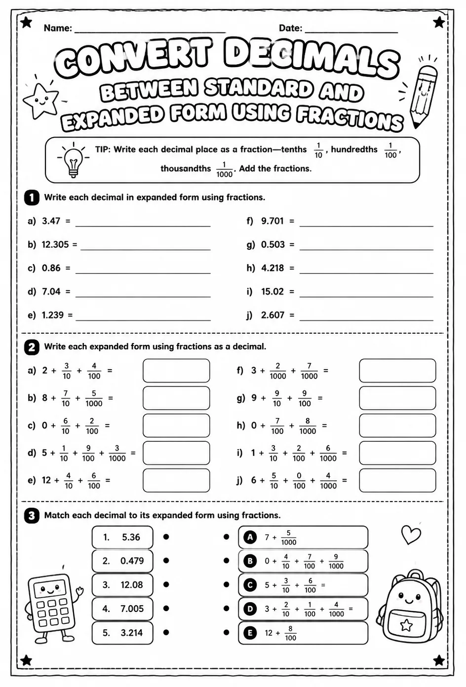 Convert decimals between standard and expanded form using fractions — free printable Grade 5 math worksheet