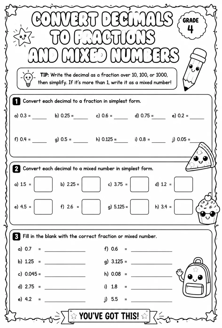 Convert decimals to fractions and mixed numbers — free printable Grade 4 math worksheet