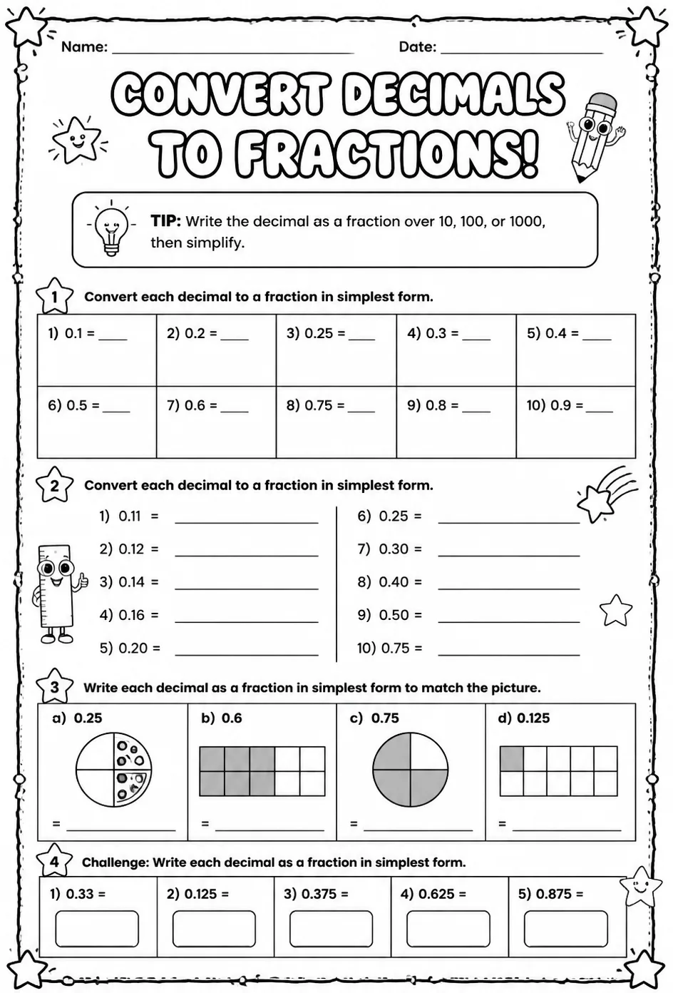 Convert decimals to fractions — free printable Grade 5 math worksheet