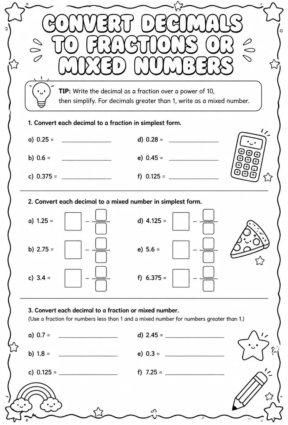 Convert decimals to fractions or mixed numbers — free printable Grade 7 math worksheet