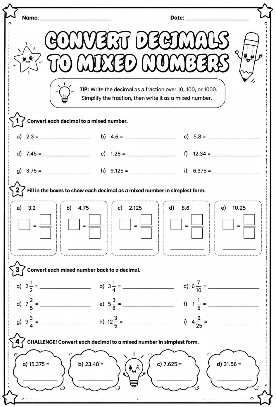 Convert decimals to mixed numbers — free printable Grade 5 math worksheet