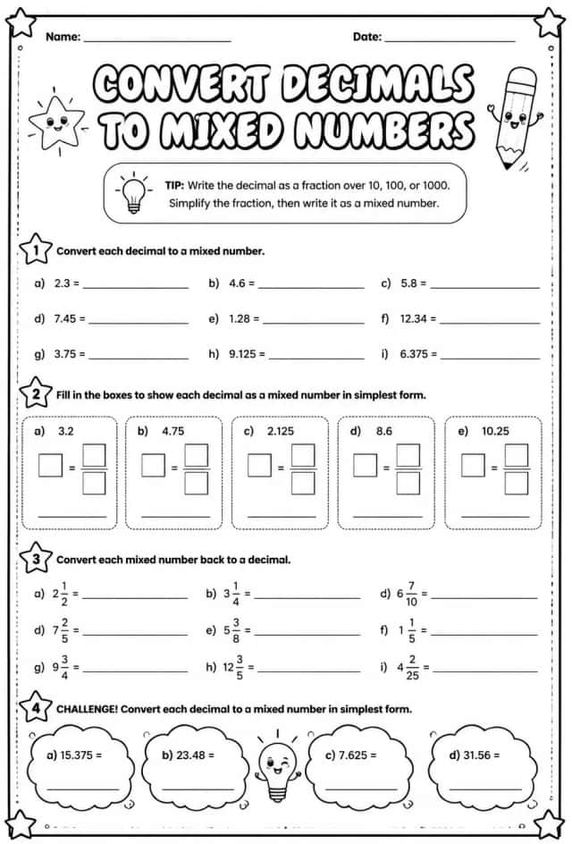 Convert decimals to mixed numbers