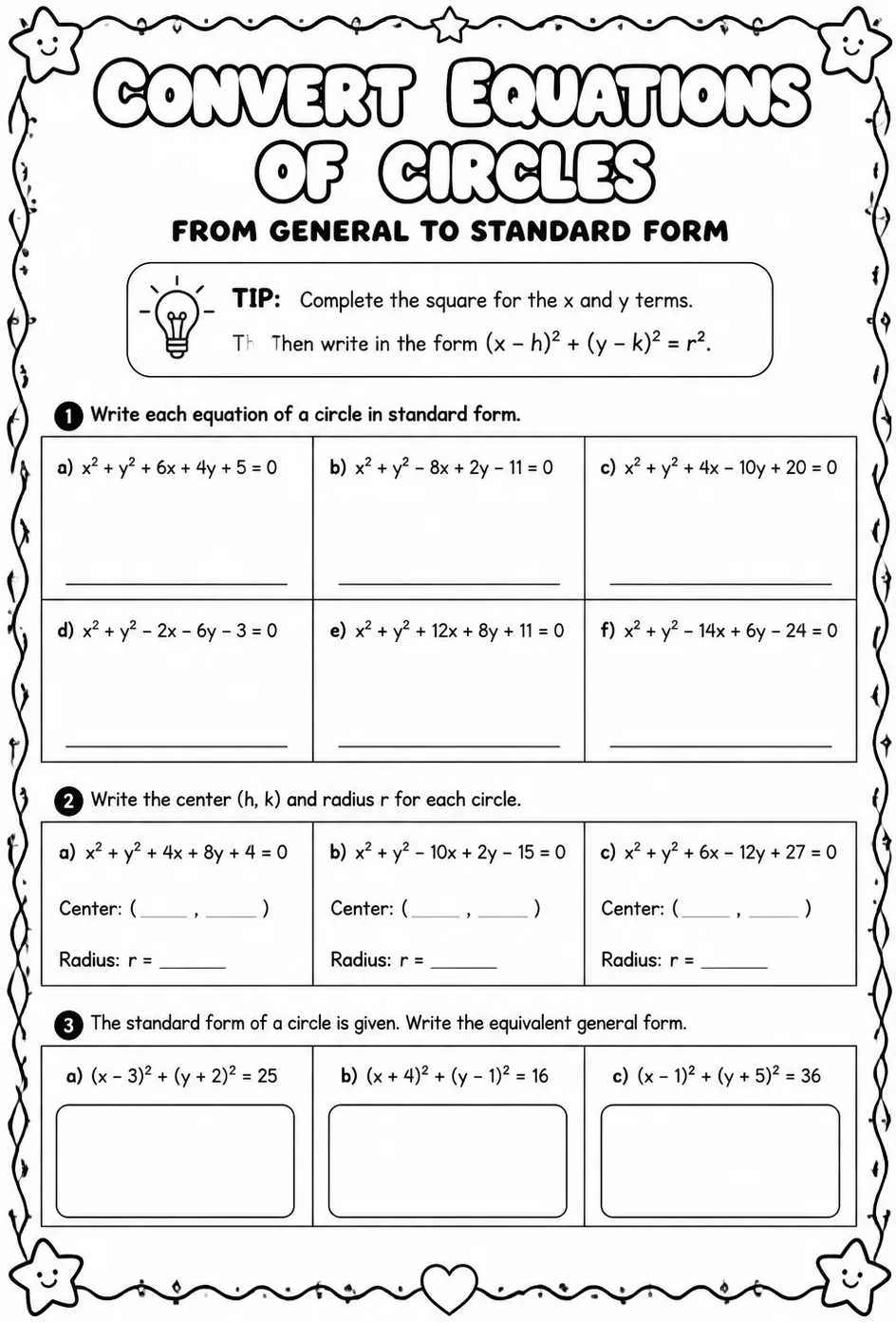 Convert equations of circles from general to standard form — free printable Algebra 2 math worksheet