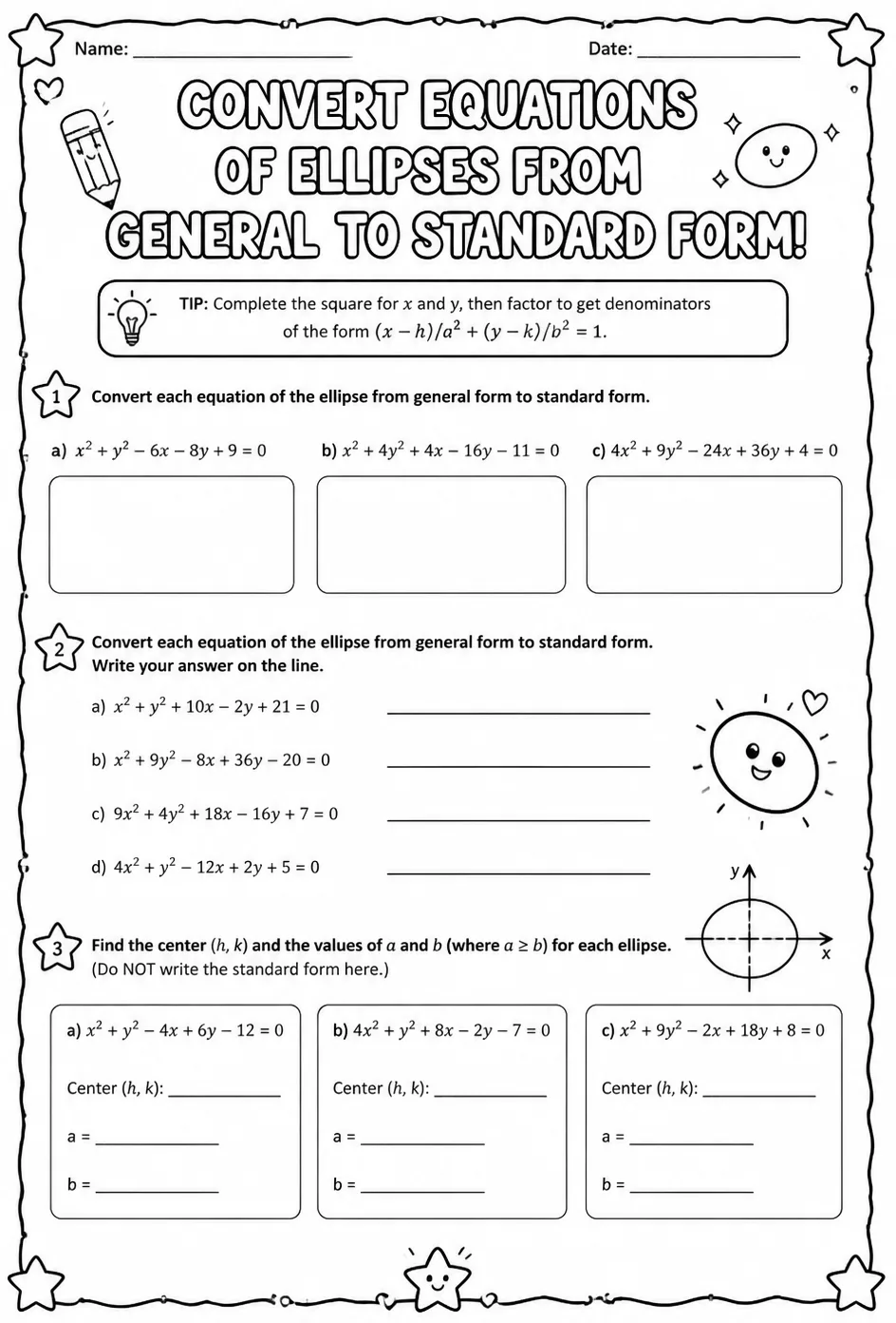 Convert equations of ellipses from general to standard form — free printable Algebra 2 math worksheet