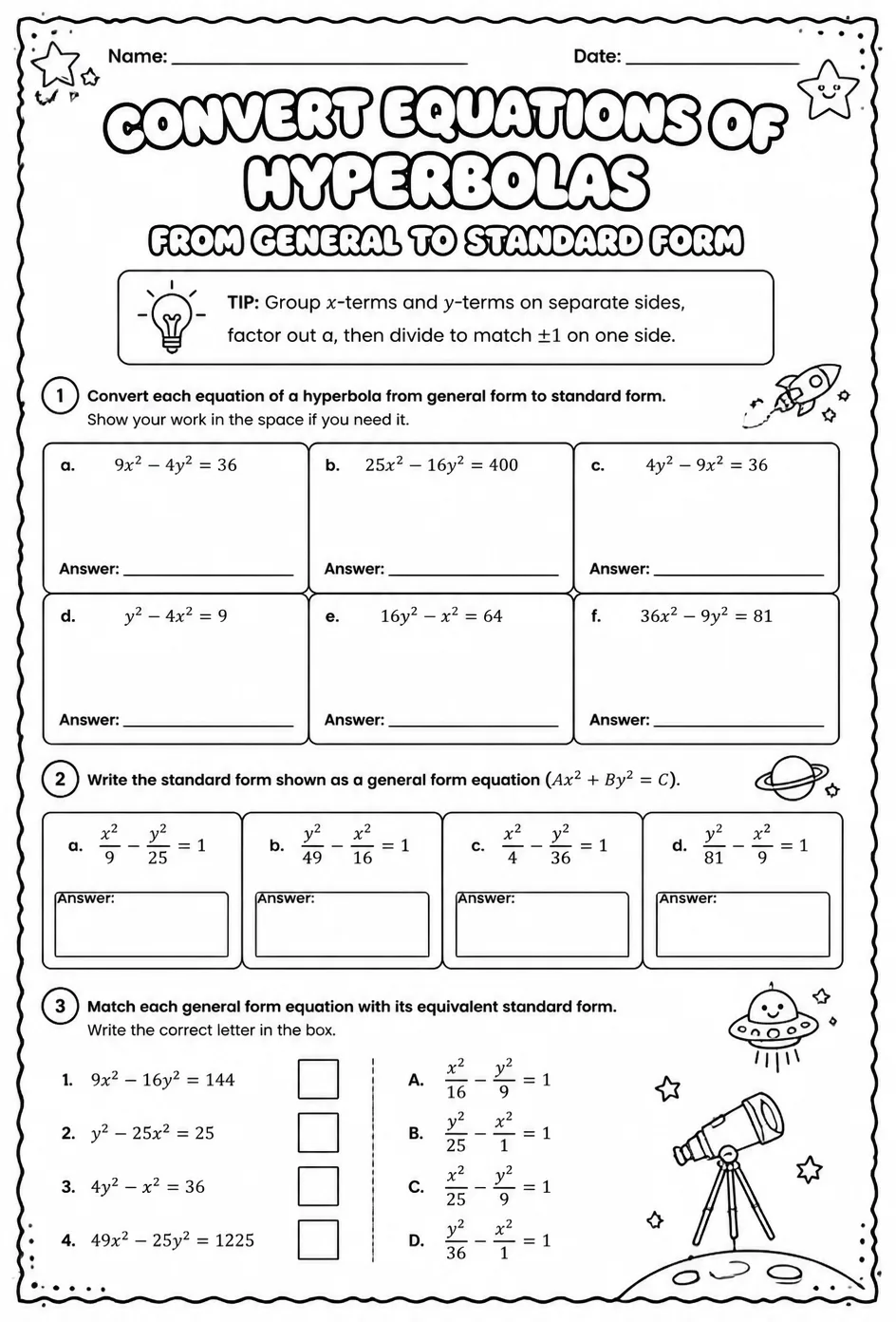 Convert equations of hyperbolas from general to standard form — free printable Algebra 2 math worksheet