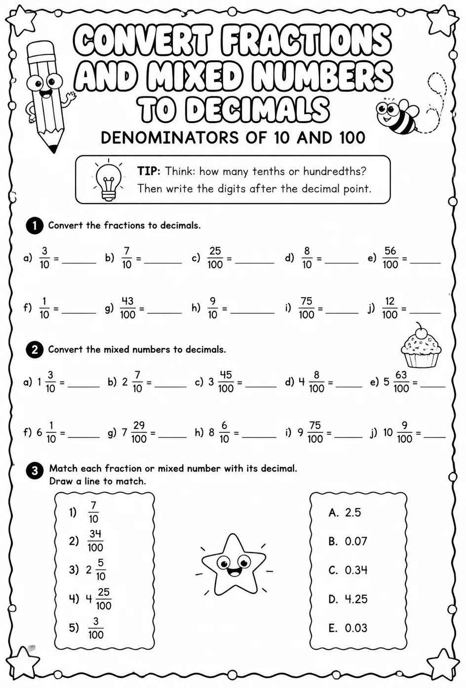 Convert fractions and mixed numbers to decimals - denominators of 10 and 100 — free printable Grade 4 math worksheet