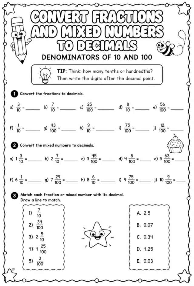 Convert fractions and mixed numbers to decimals - denominators of 10 and 100