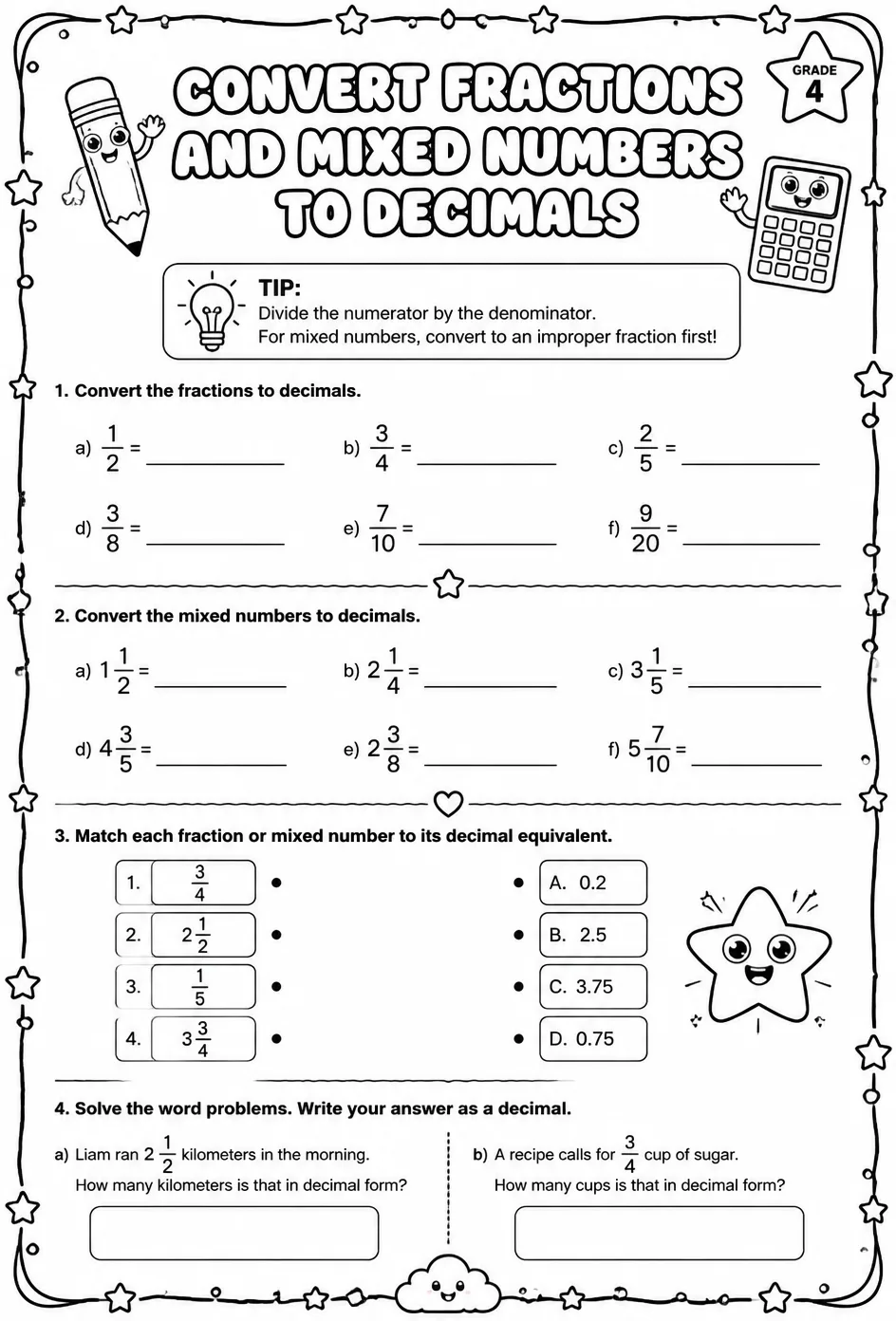 Convert fractions and mixed numbers to decimals — free printable Grade 4 math worksheet